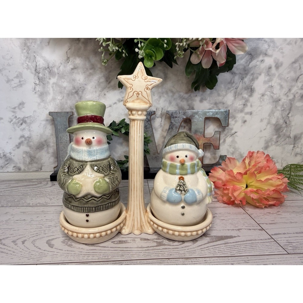 Snowman Salt Pepper Shaker with Caddy 3 pc Set 5.5" Vintage '70s Macy's Holidays